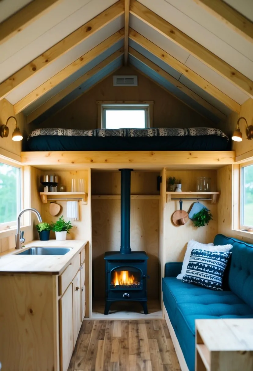 Tuff Shed Tiny House Interior Design Ideas for Optimal Space Utilization 4 A cozy Tuff Shed interior with a loft bed, small kitchen, and living space with a wood-burning stove