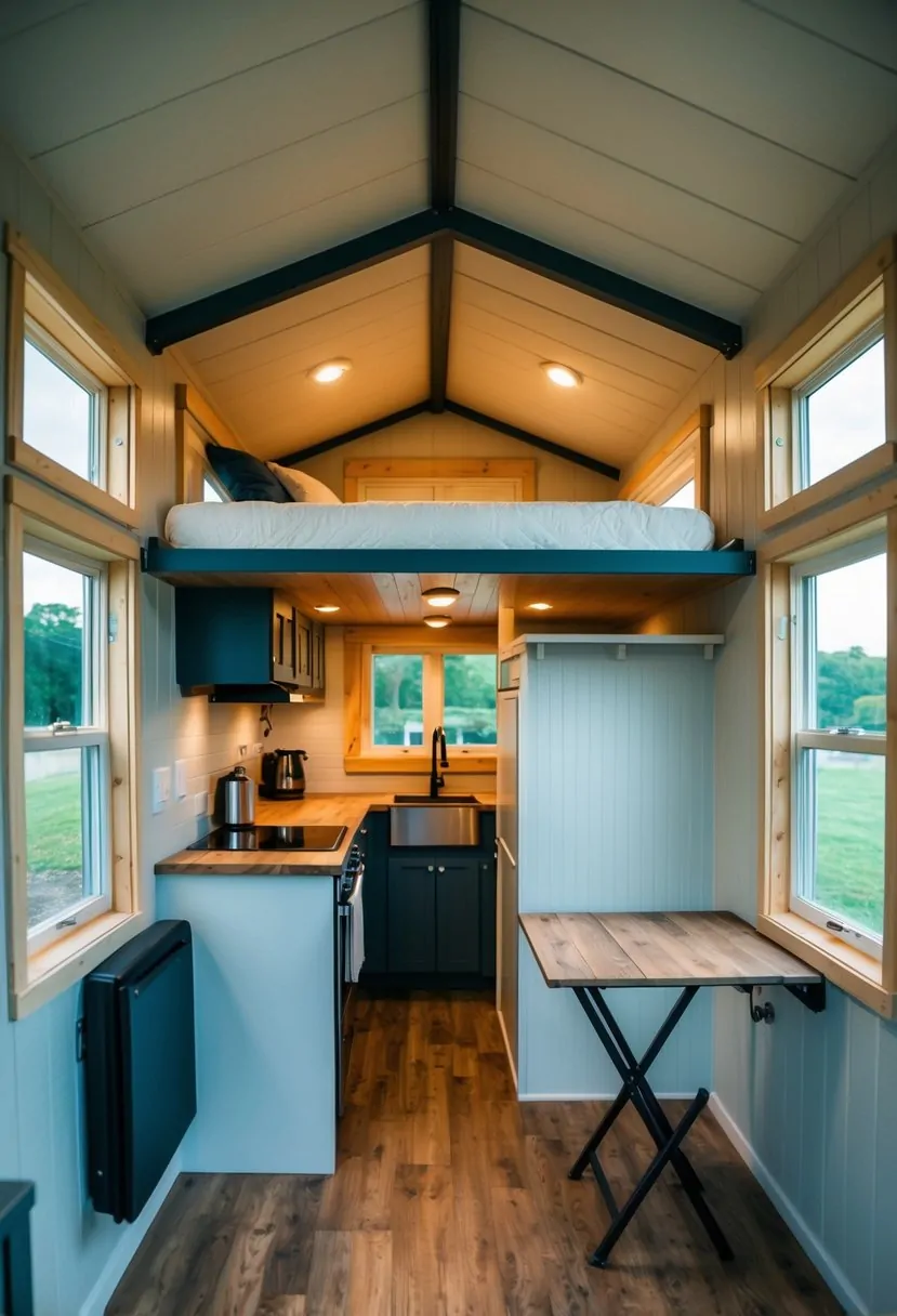 Tuff Shed Tiny House Interior Design Ideas for Optimal Space Utilization 5 A cozy Tuff Shed turned into a tiny house, featuring a loft bed, compact kitchen, and a small living area with a fold-out table and storage solutions