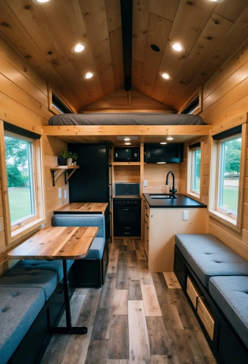Tuff Shed Tiny House Interior Design Ideas for Optimal Space Utilization 7 A cozy Tuff Shed tiny house interior with a lofted bed, a compact kitchen, and a small living area with a fold-out table and storage solutions