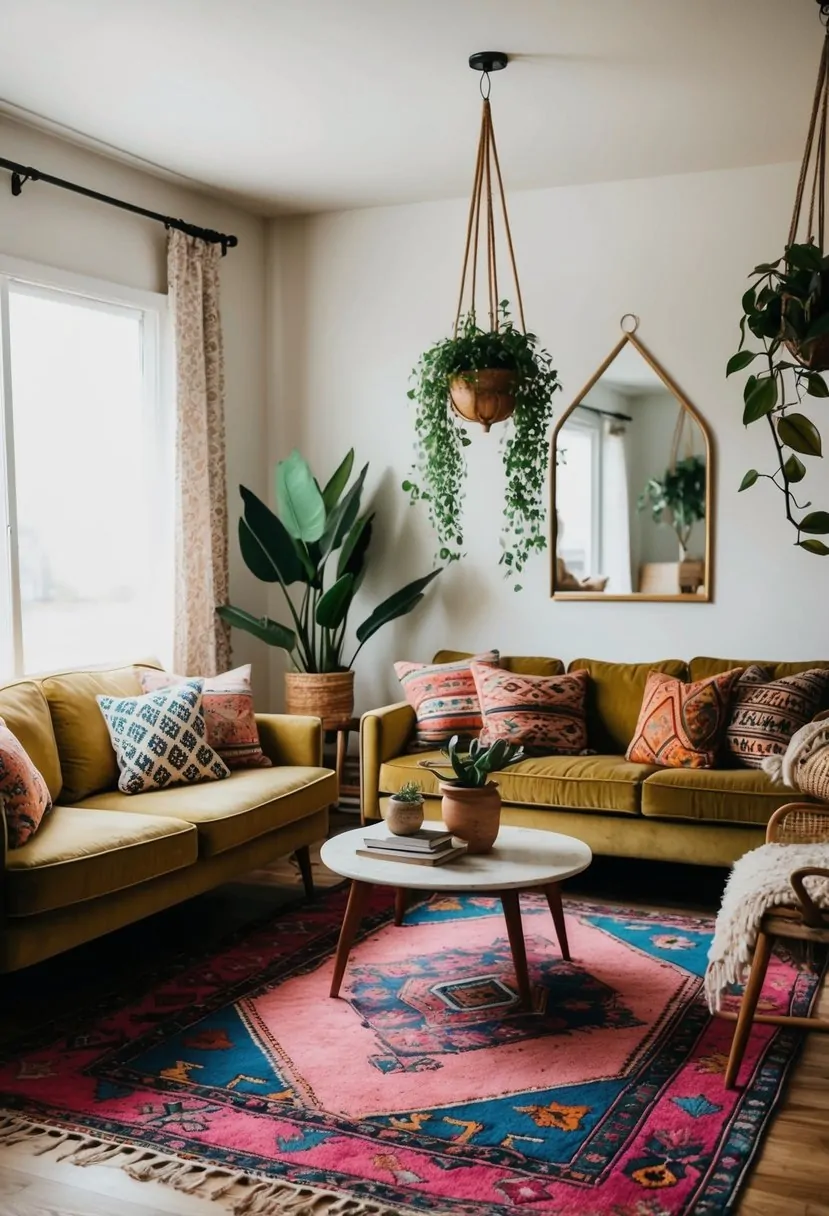 A cozy boho chic living room with colorful rugs, patterned pillows, hanging plants, and vintage furniture