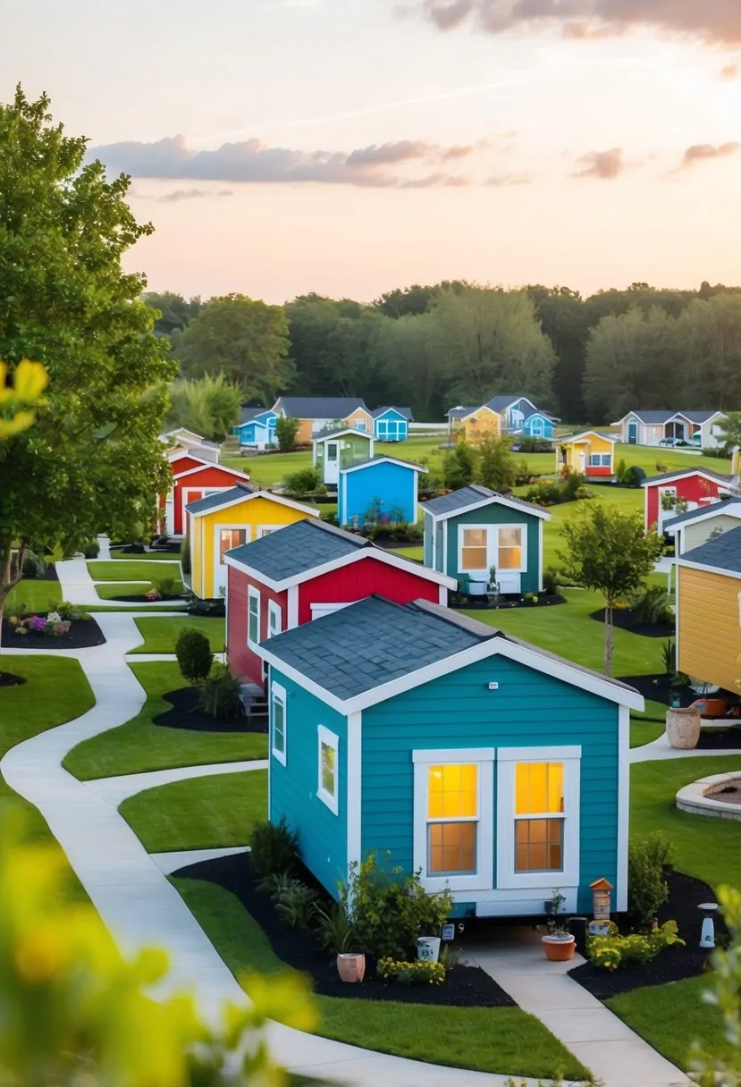 55 Tiny Home Communities: Exploring Affordable Living Options Across the Country 4 A cluster of colorful tiny homes nestled among lush greenery in a peaceful 55+ community, with walking paths and communal gathering areas
