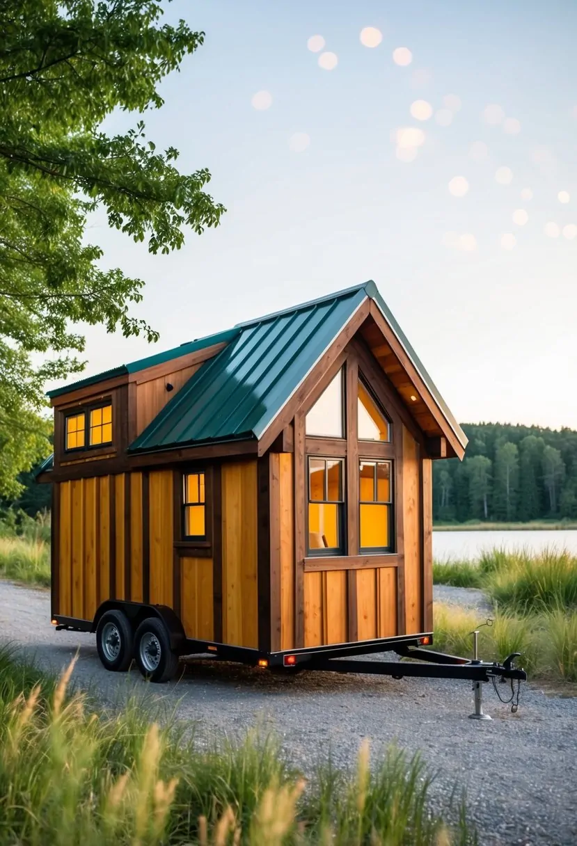 A cozy timber-framed tiny house on wheels nestled in a serene natural setting