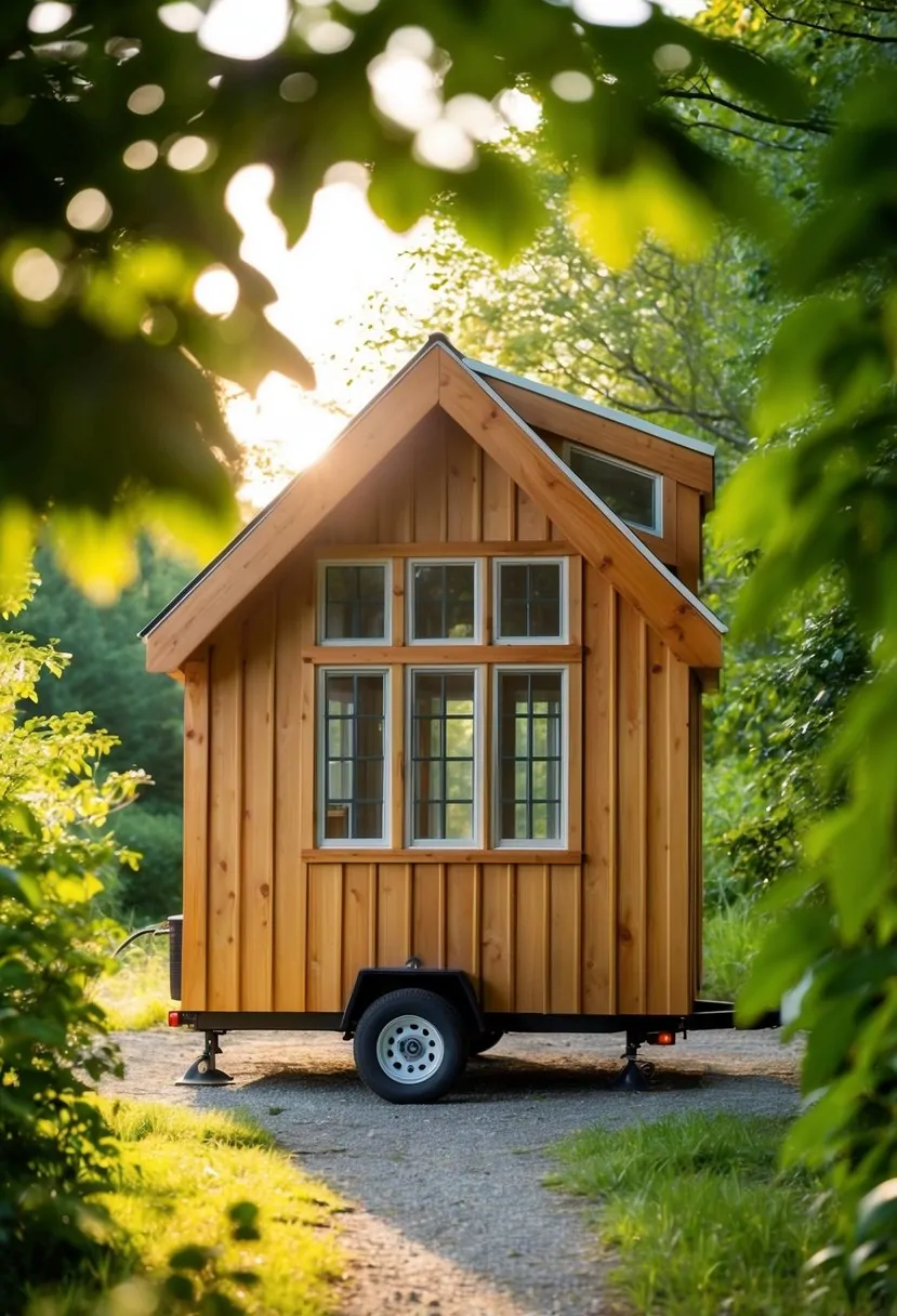 A timber-framed tiny house on wheels, nestled in a serene natural setting, surrounded by lush greenery and bathed in warm sunlight