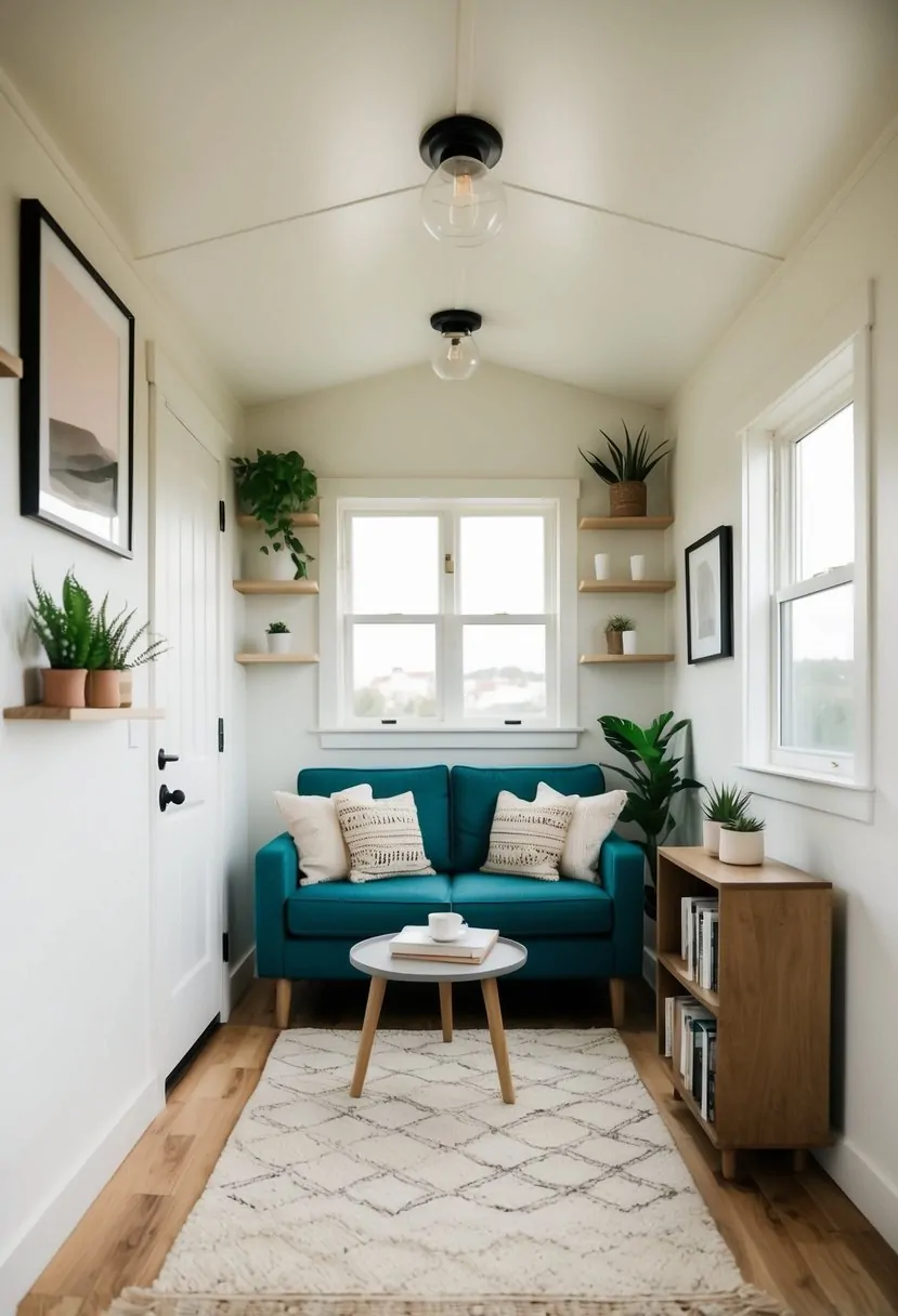 A cozy living room in a tiny house, featuring a small sofa, a coffee table, a bookshelf, and a rug on the floor. The walls are adorned with minimalist art and a few potted plants