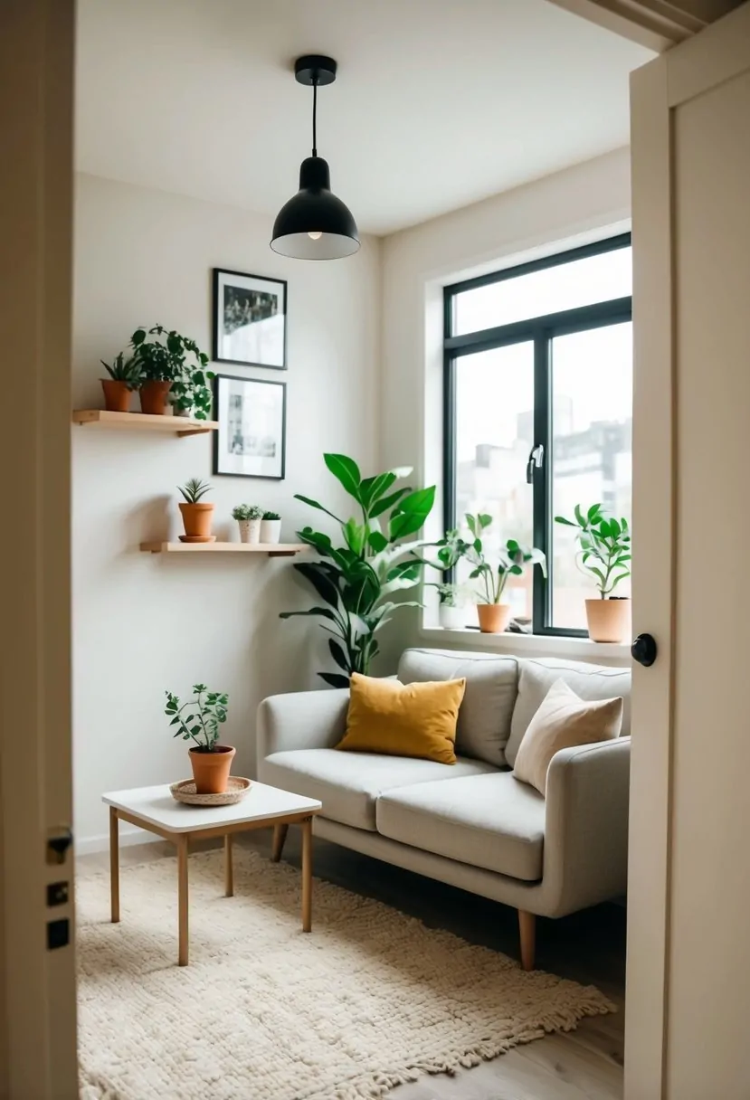 A cozy tiny living room with a minimalist sofa, small coffee table, and wall-mounted shelves adorned with potted plants and framed artwork