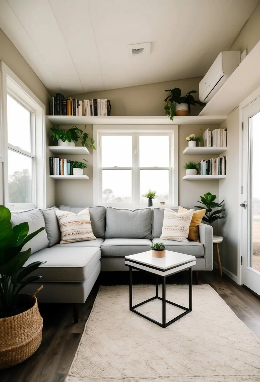 A cozy tiny home living room with a neutral color palette, a small sectional sofa, a compact coffee table, and shelves filled with books and plants