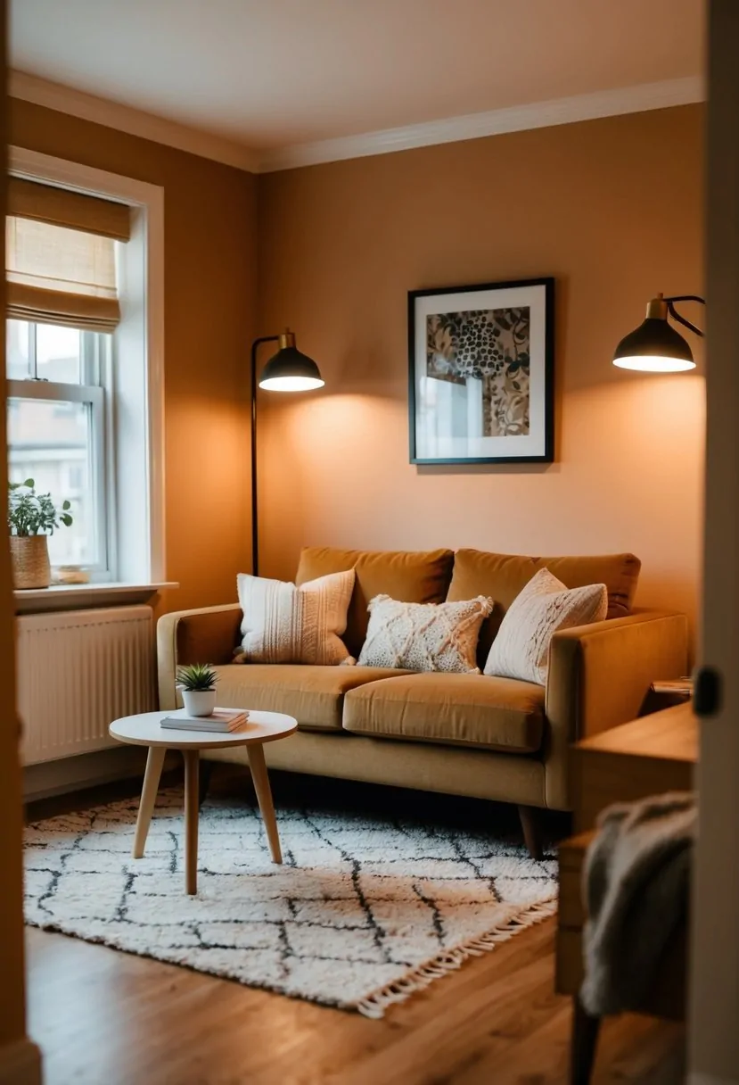 A cozy tiny living room with a warm color scheme, a comfortable sofa, soft throw pillows, a small coffee table, and warm lighting