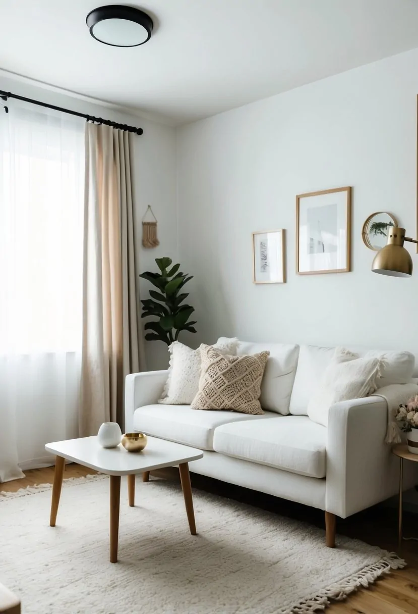 A small white living room with minimalist decor, featuring a cozy sofa, a small coffee table, and a few carefully chosen decorative accents