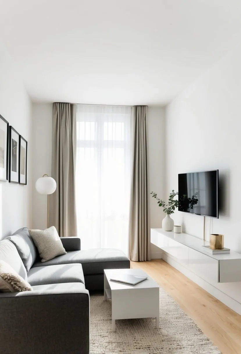 A cozy small living room with a minimalist design, featuring a sleek sofa, a compact coffee table, and a wall-mounted TV. The space is bright and airy, with neutral colors and a few tasteful decorative accents