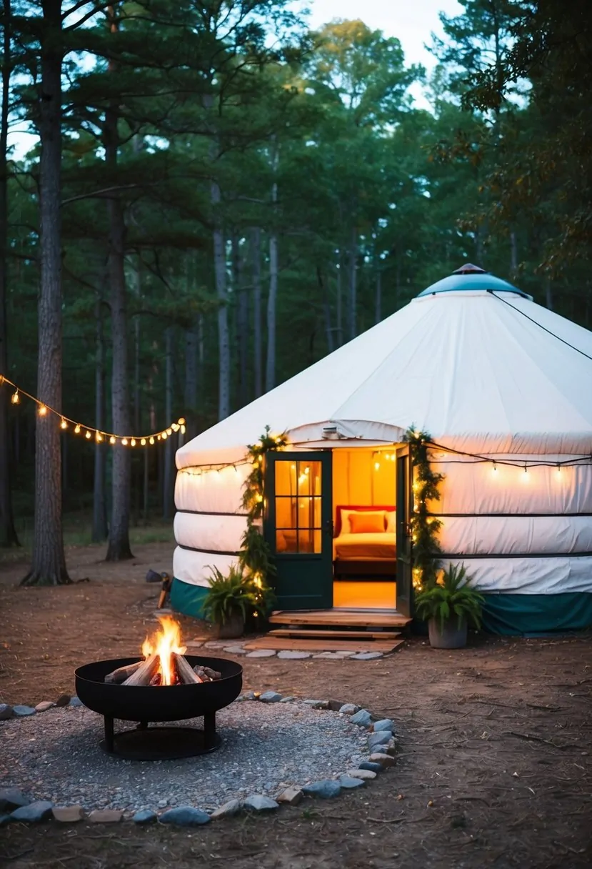 A cozy yurt nestled in a serene forest clearing, with a warm fire pit and twinkling string lights illuminating the exterior