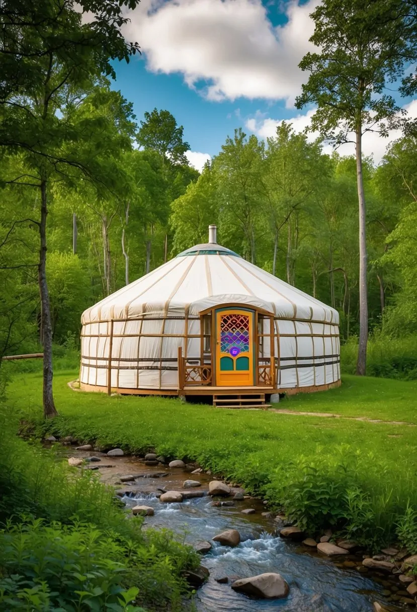 A yurt nestled in a serene forest clearing, surrounded by lush greenery and a babbling brook. The circular structure features intricate woodwork and a colorful, ornate door