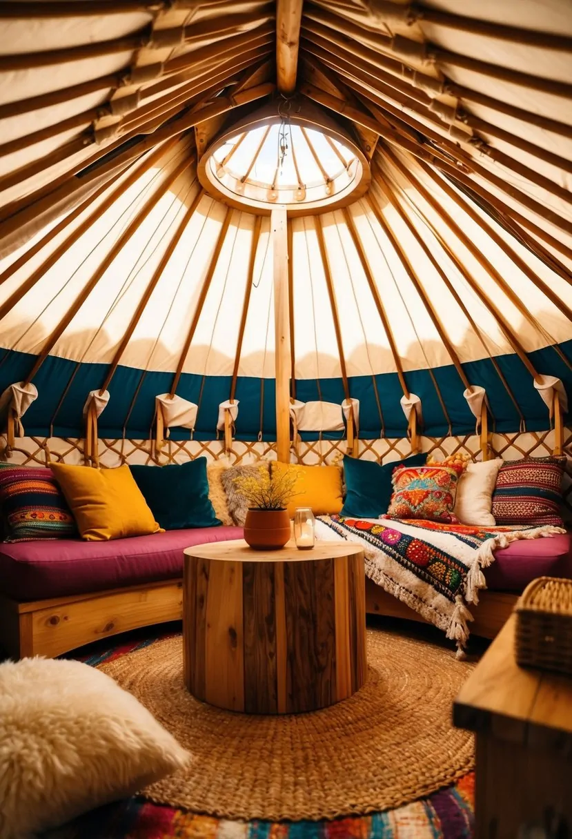 A cozy, well-lit yurt interior with plush seating, colorful textiles, and natural wood accents