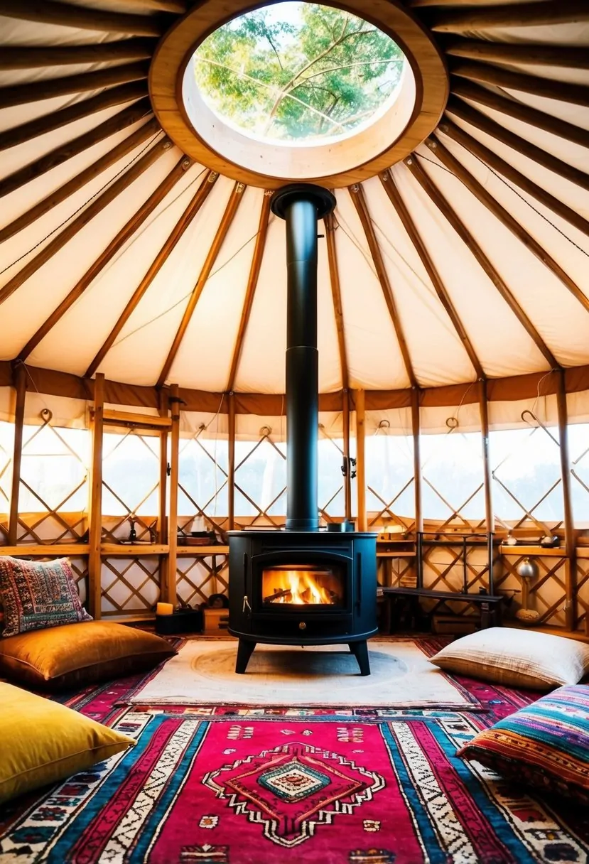 A cozy yurt interior with a central wood stove, colorful rugs, low seating, and natural light filtering through the circular roof opening
