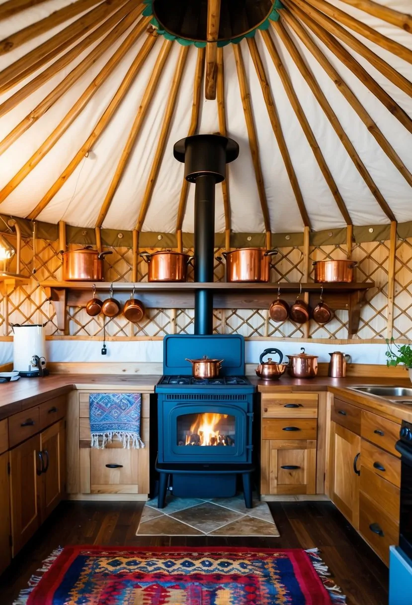 A cozy yurt kitchen with a central wood-burning stove, rustic wooden countertops, hanging copper pots, and colorful woven rugs on the floor