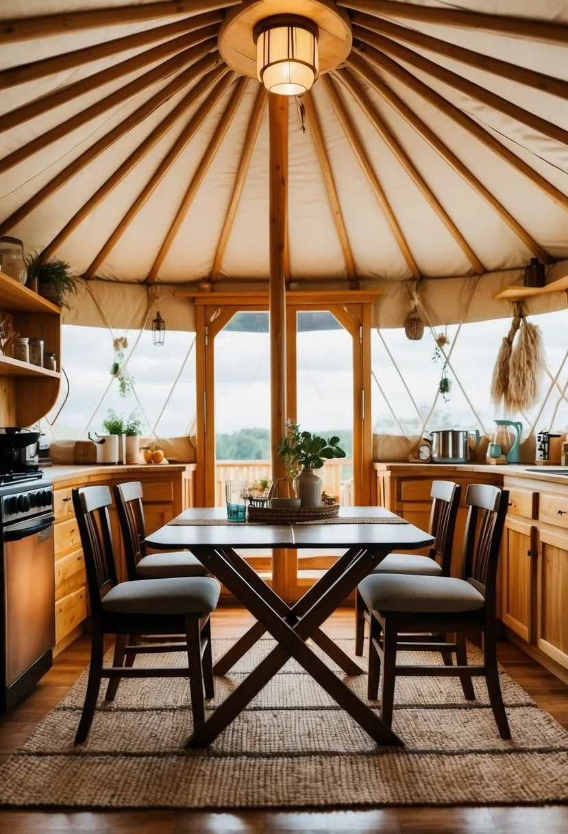 A yurt interior with a collapsible dining table surrounded by various kitchen design elements and decor