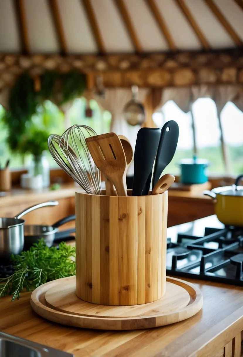 A bamboo utensil holder sits on a rustic yurt kitchen counter, surrounded by various cooking utensils and greenery
