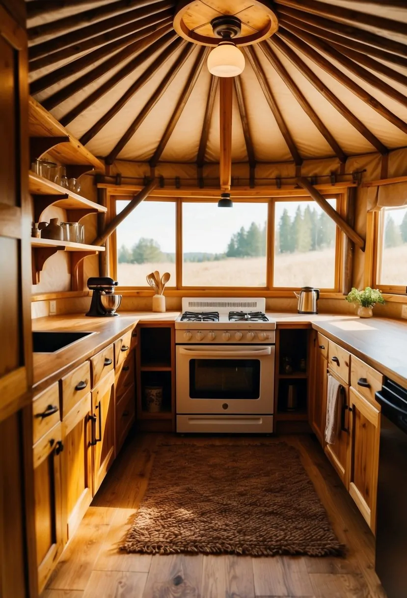 A cozy yurt kitchen with a central cooking area, surrounded by rustic wooden cabinets and shelves. Natural light streams in through a large window, illuminating the warm and welcoming space