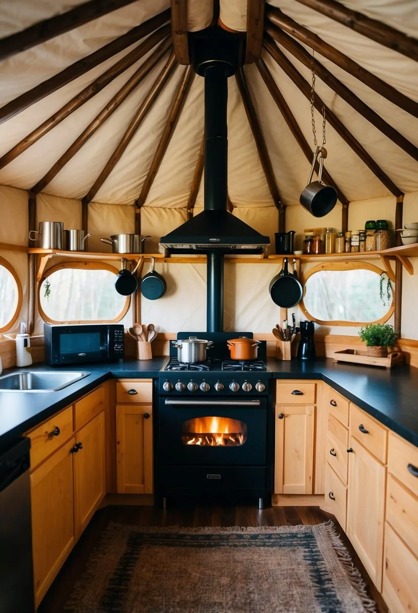 A cozy yurt kitchen with a wood-burning stove, hanging pots and pans, a countertop with essential appliances, and shelves stocked with spices and cooking utensils