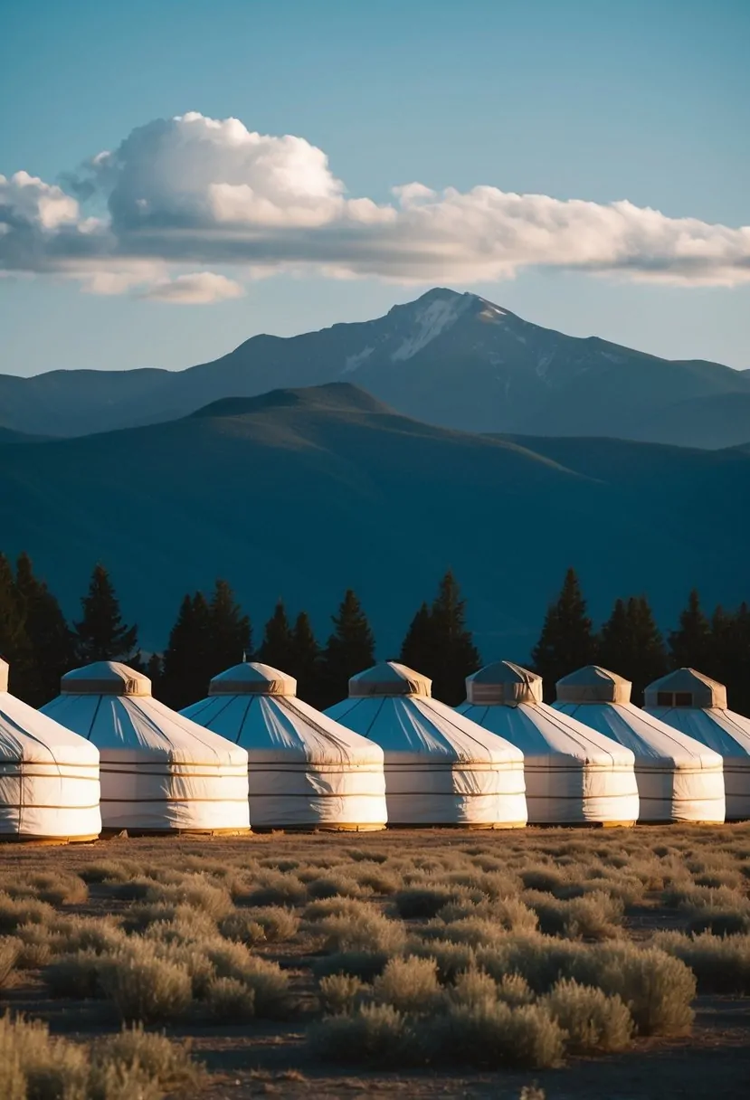 A row of seven yurts with unique roof designs set against a mountain backdrop