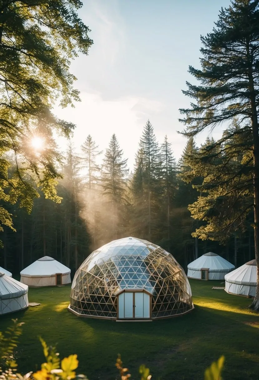 A geodesic dome roof stands amidst a tranquil forest, with sunlight filtering through the intricate lattice structure. Surrounding the dome are seven yurts, each with its own unique roof design, nestled among the trees