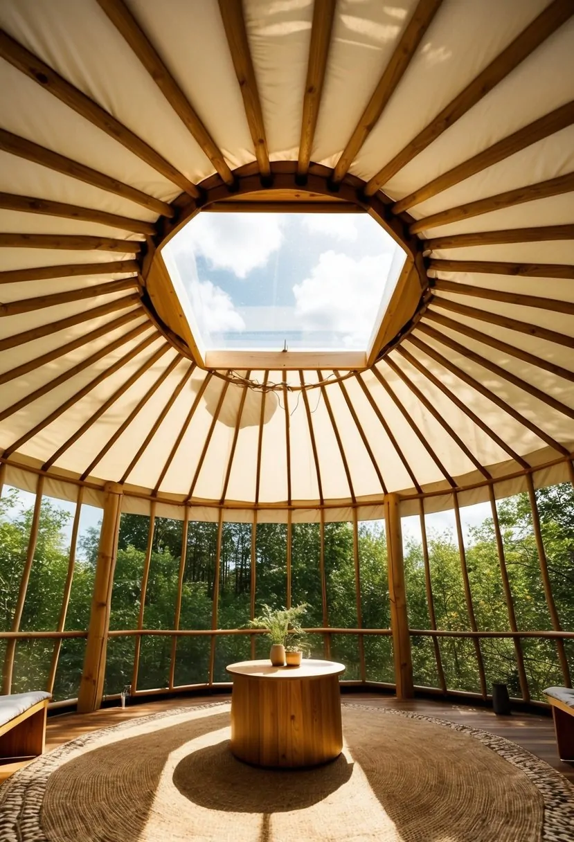 A yurt with a clear skylight panel in the roof, surrounded by nature and bathed in natural light