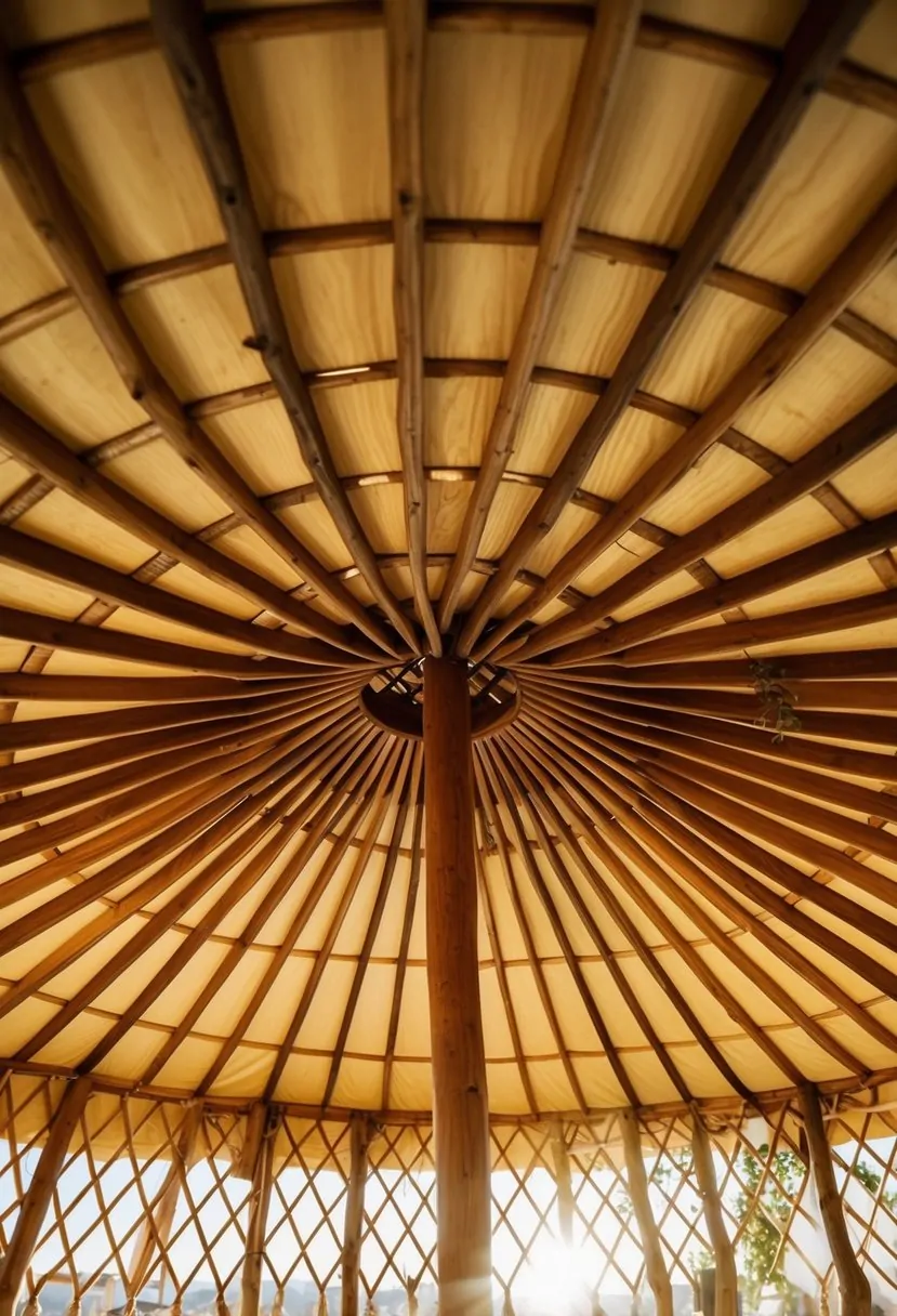 A wooden lattice roof covers a yurt, with sunlight filtering through the patterned design