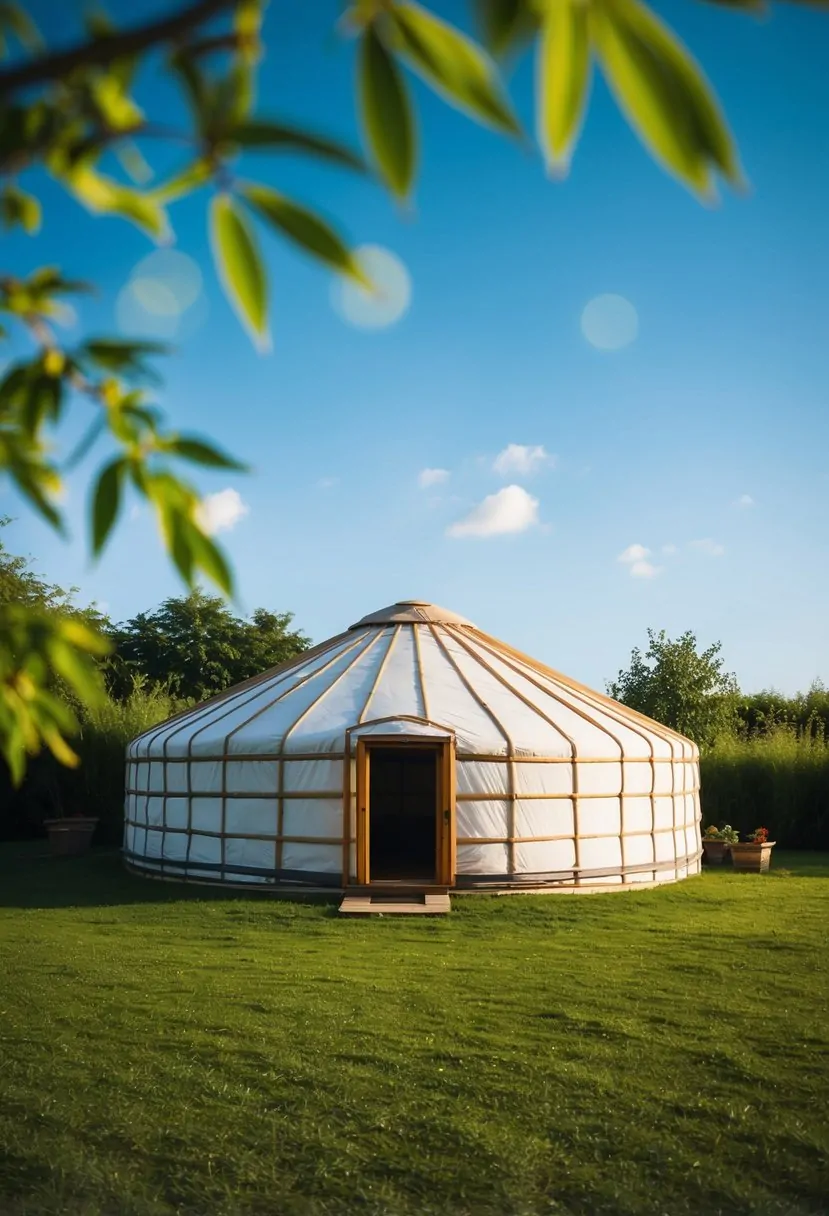 A circular yurt with a bamboo frame roof, surrounded by lush greenery and under a clear blue sky