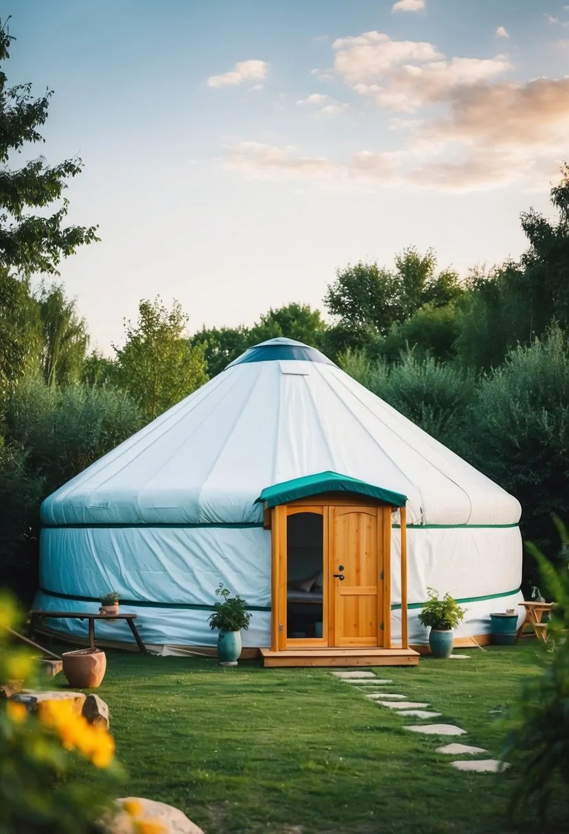 A yurt with a conical roof made of insulated fabric, surrounded by nature with various design ideas