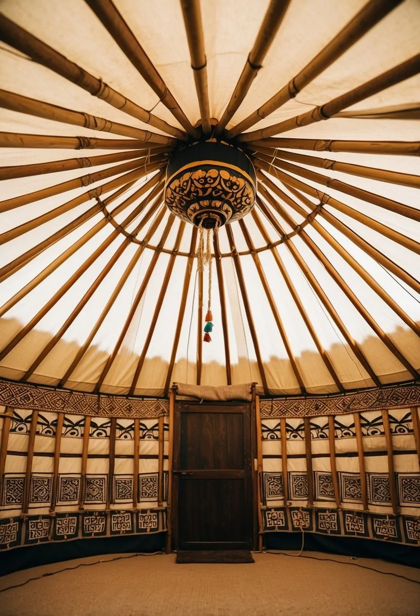 A circular yurt with a felt and canvas roof, adorned with intricate traditional designs in seven different patterns