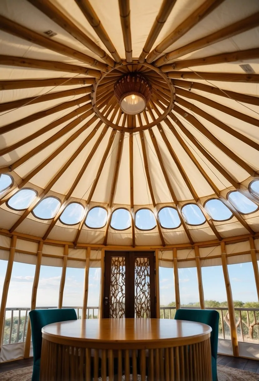A circular yurt with seven acrylic bubble skylights in the roof, allowing natural light to illuminate the interior