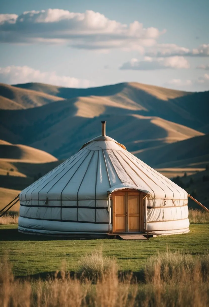 A circular yurt with a conical roof, supported by wooden beams and covered with canvas or felt, set against a backdrop of rolling hills or mountains