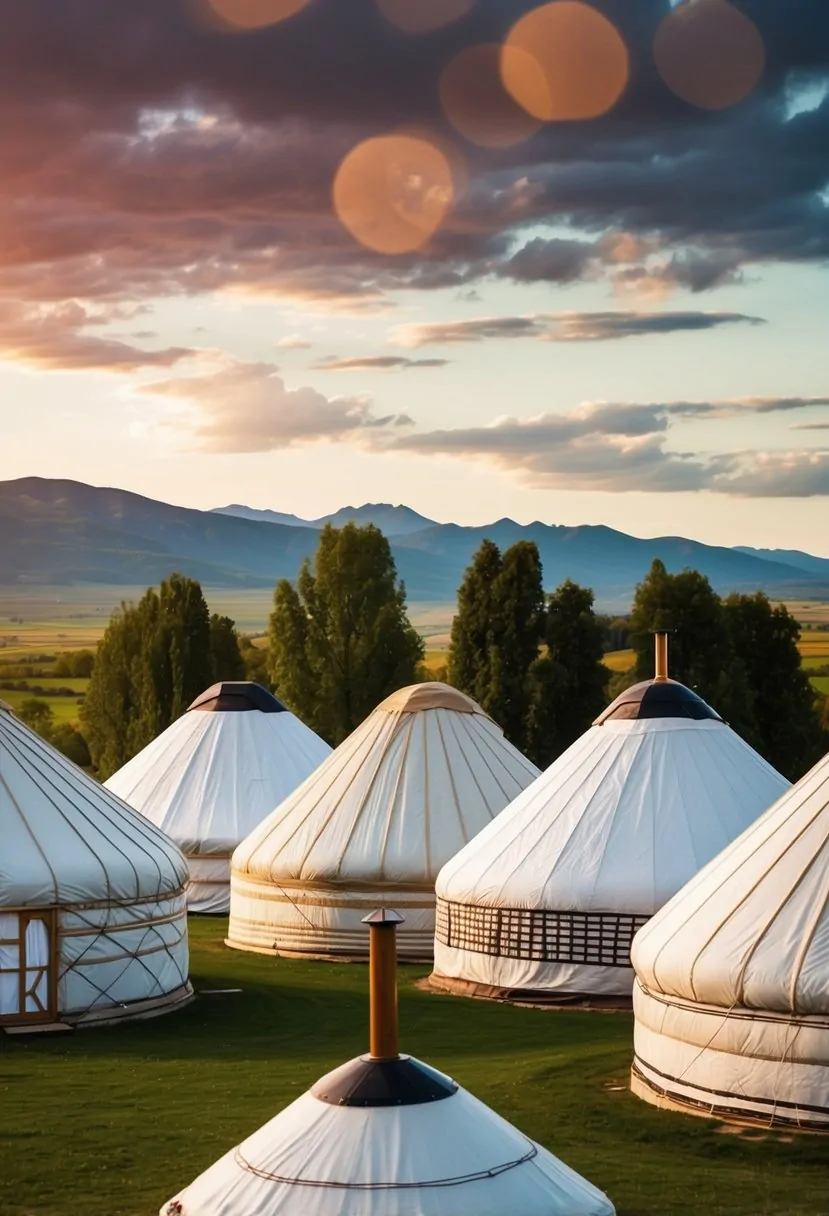 A group of yurts with varying roof designs, each reflecting cultural influences