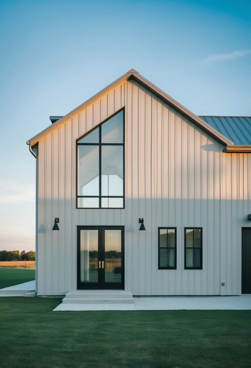 A sleek, minimalist barndominium with clean lines, large windows, and a simple color palette