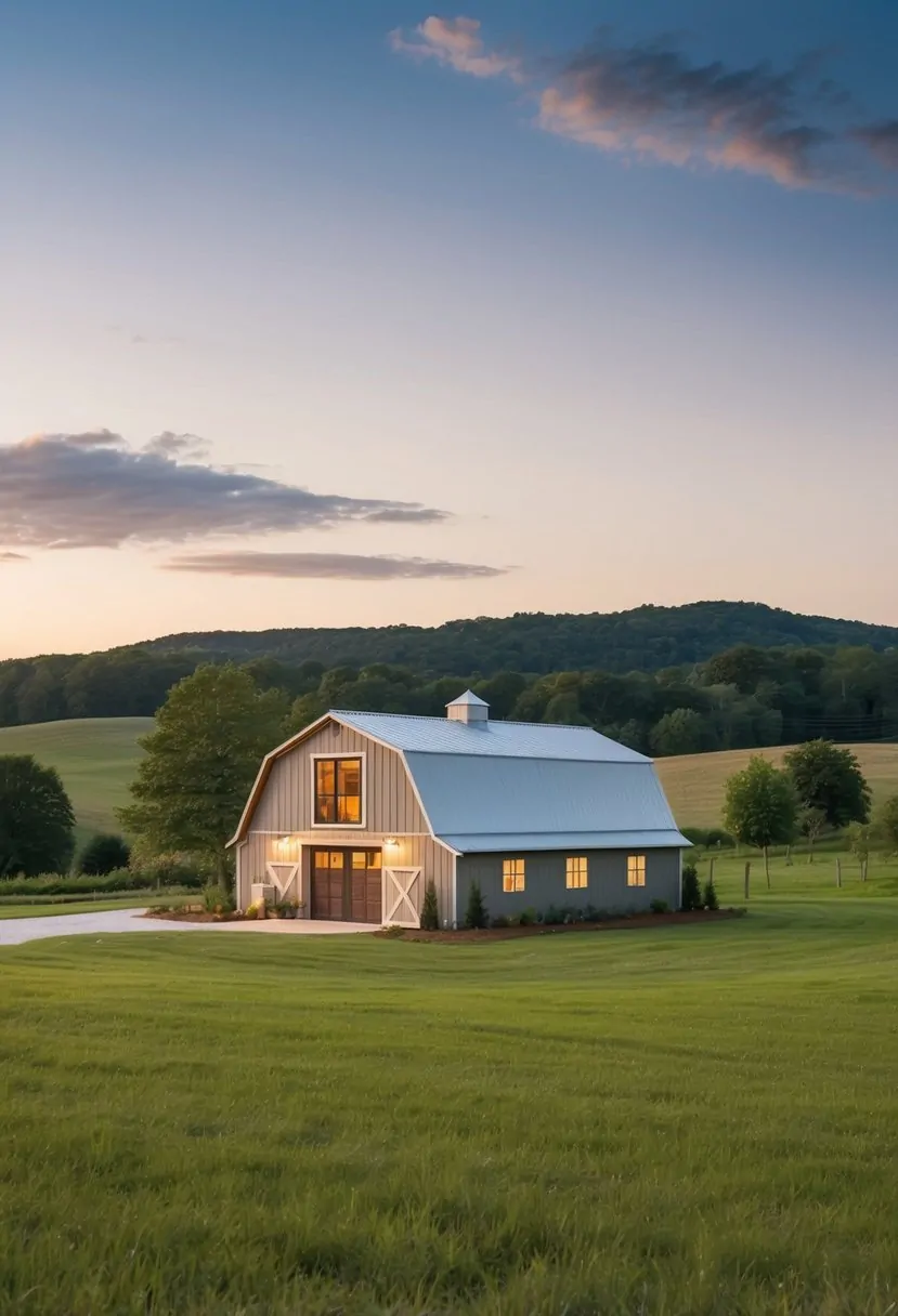 A cozy barndominium nestled in a serene rural setting with a mix of rustic and modern architectural elements, surrounded by rolling hills and lush greenery