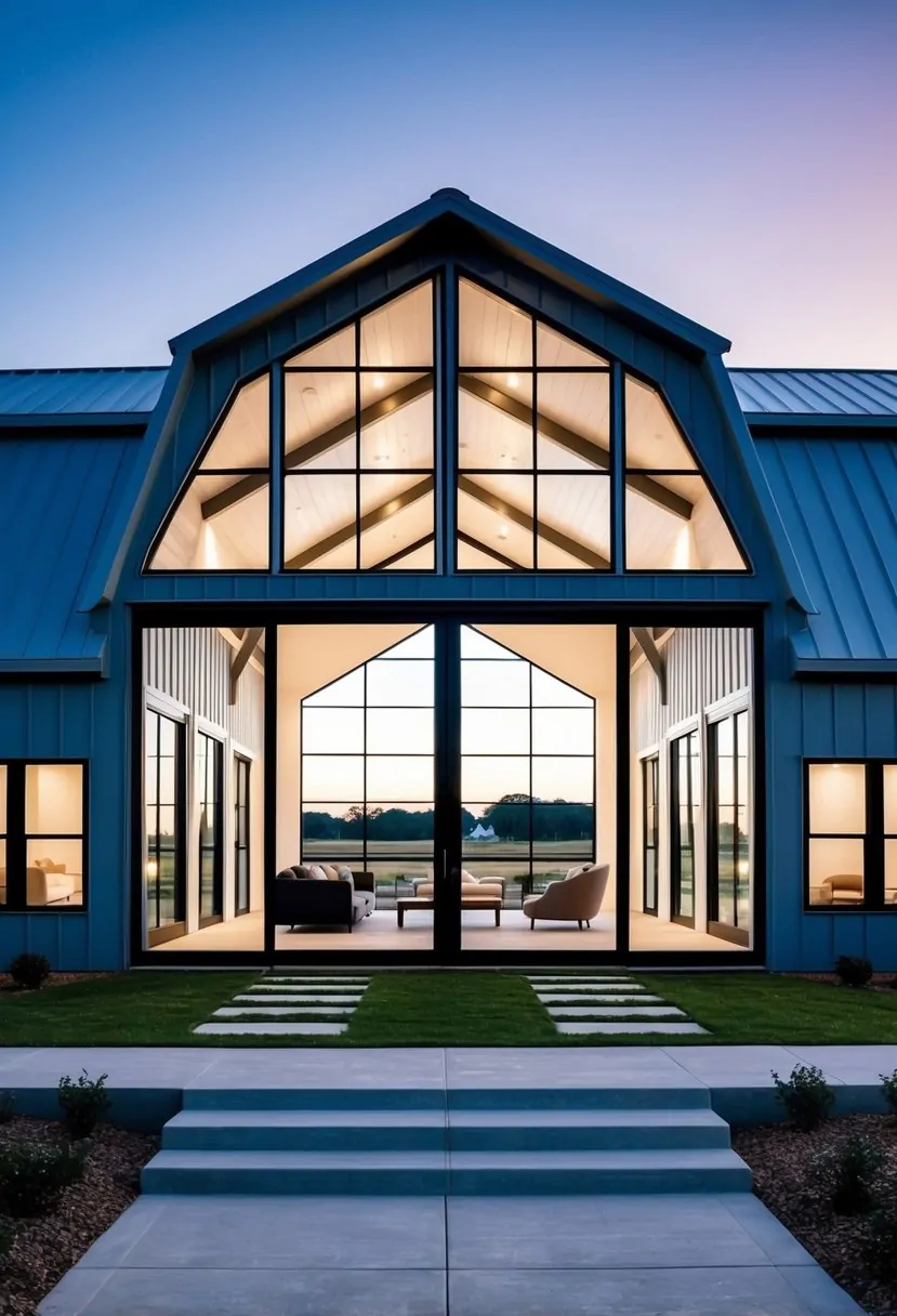 A sleek, modern barndominium with large windows, a metal roof, and a spacious open floor plan