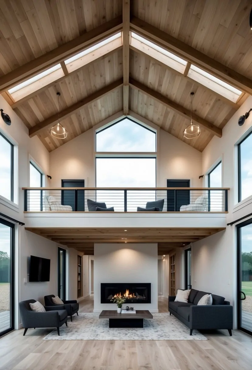 A modern barndominium with a luxurious loft and spacious shouse, featuring a sleek and stylish interior design with high ceilings and large windows