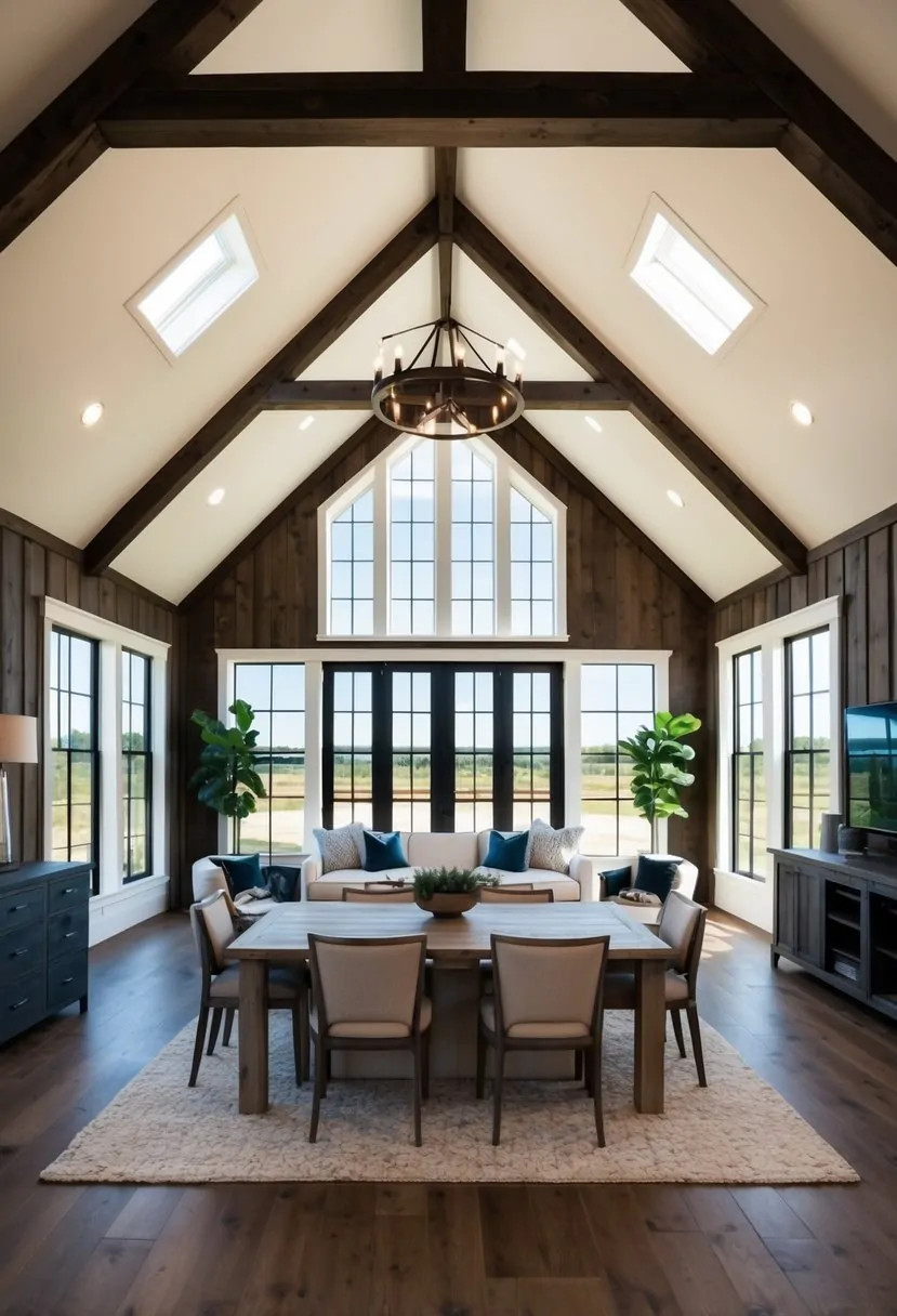 An open concept shouse design with a barndominium featuring spacious living and dining areas, high ceilings, and large windows for natural light