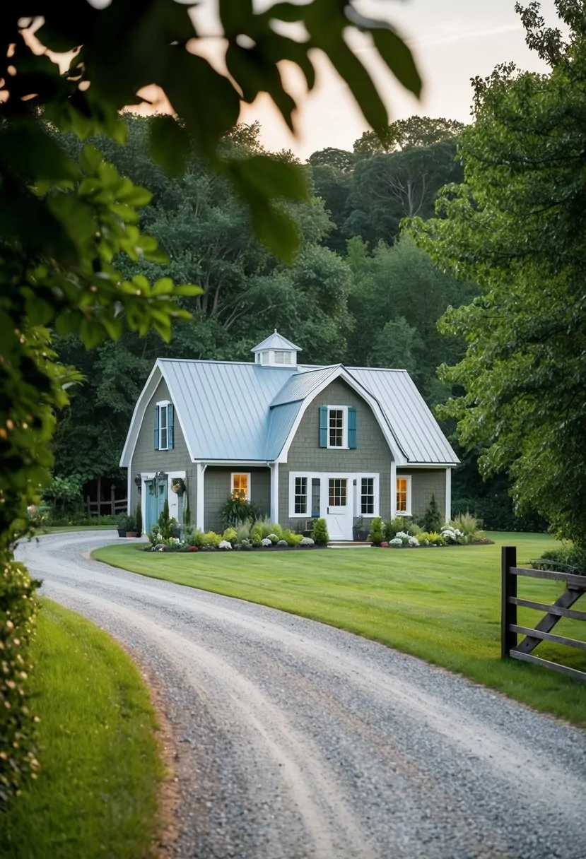 A cozy cottage barndominium nestled in a serene countryside setting, surrounded by lush greenery and a winding gravel driveway