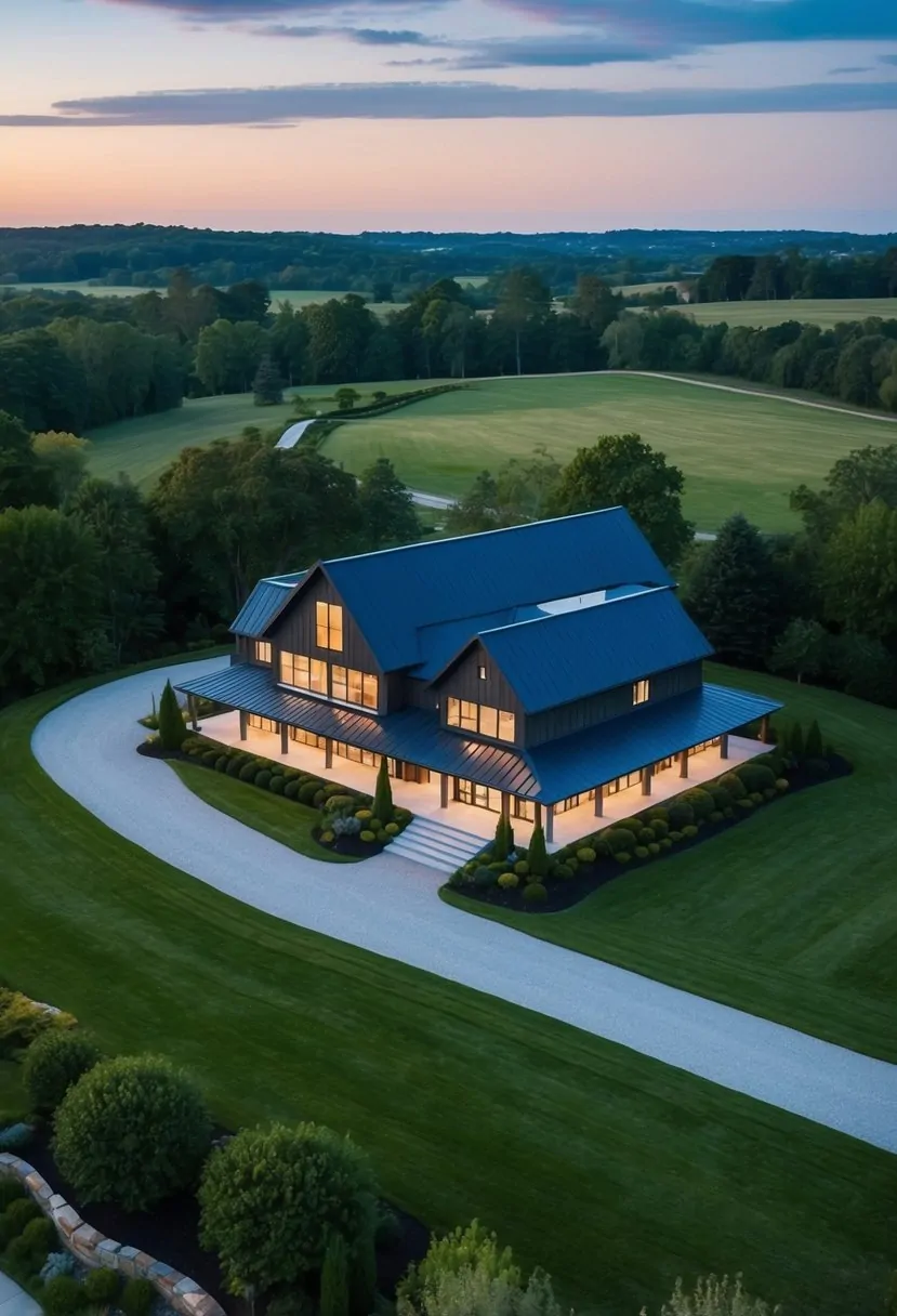 A grand, two-story barndominium with a sleek, modern design nestled within a sprawling estate, surrounded by lush greenery and a picturesque landscape