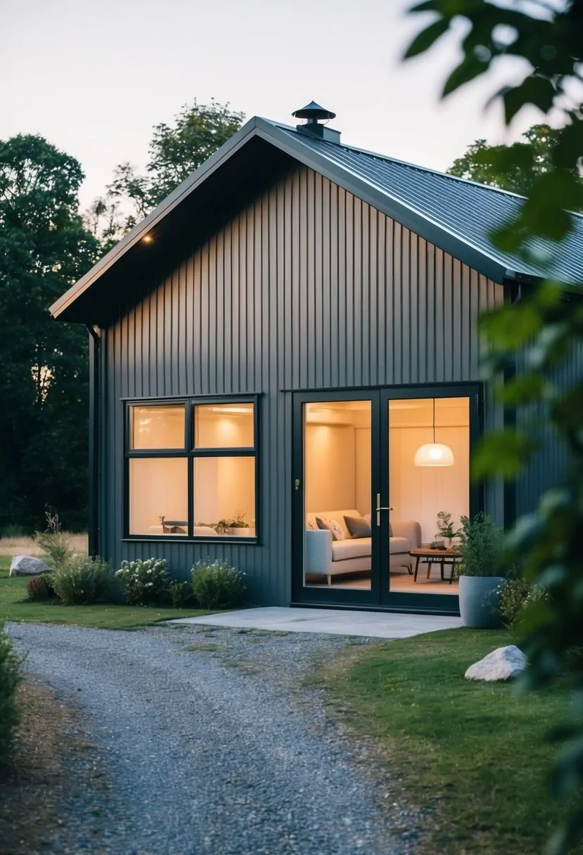 A cozy Scandinavian-style barndominium nestled in a serene countryside setting, with a sleek exterior and large windows allowing natural light to flood the interior
