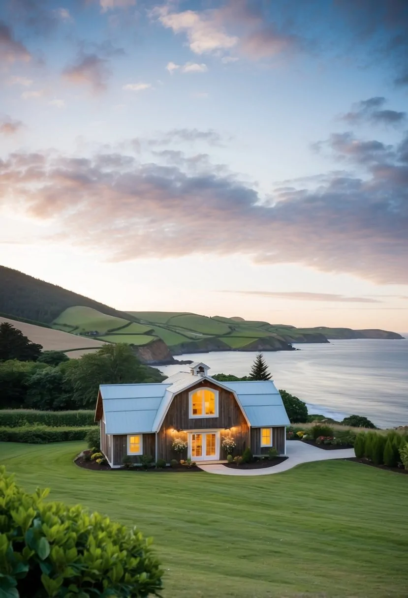 A charming barndominium nestled by the coast, surrounded by rolling hills and lush greenery, with a rustic yet elegant exterior