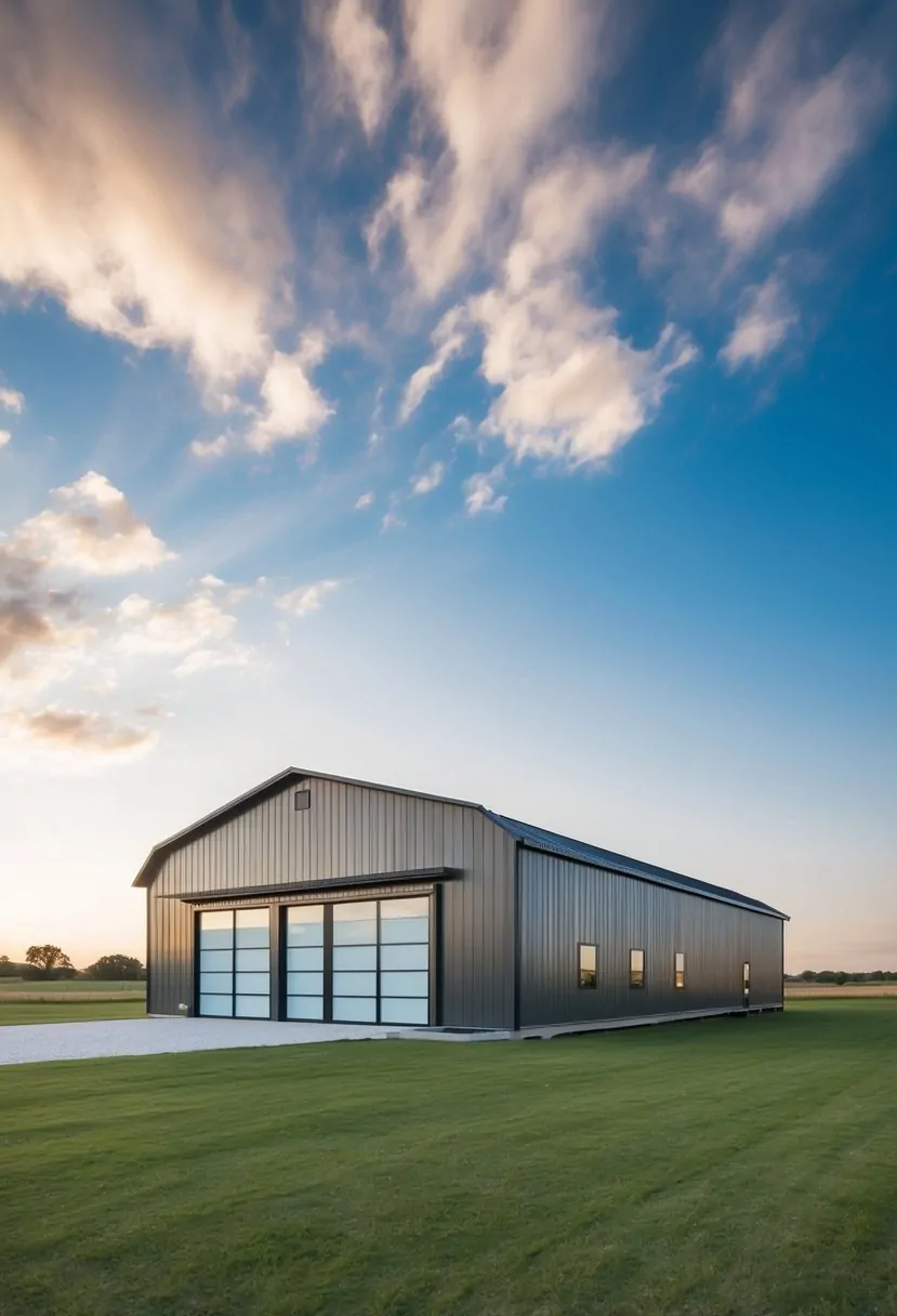 A spacious 30x50 barndominium with a modern architectural design, featuring large windows and a sleek, minimalist exterior