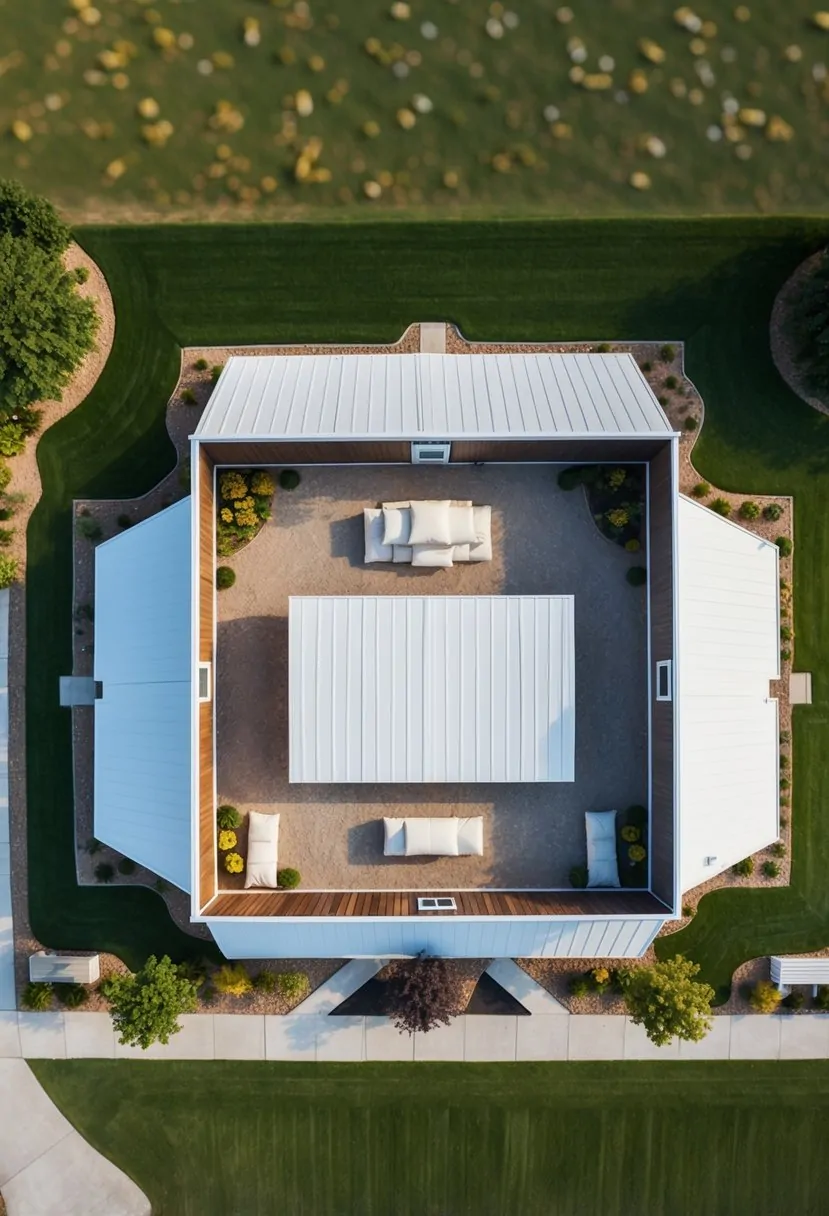Aerial view of a 30x50 barndominium floor plan with architectural details and landscaping