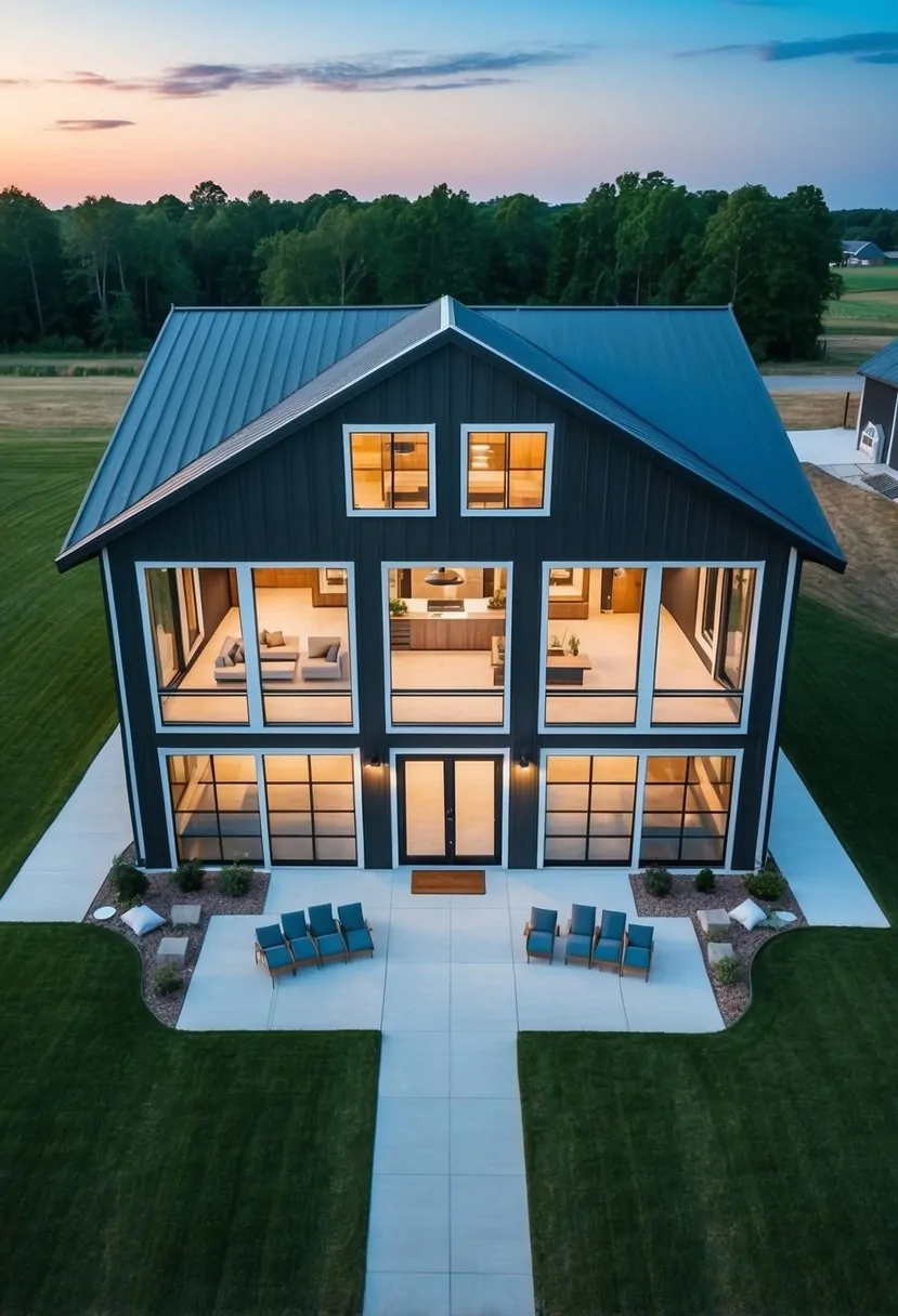 Aerial view of a 30x50 barndominium floor plan with spacious living areas, large windows, and a modern architectural design