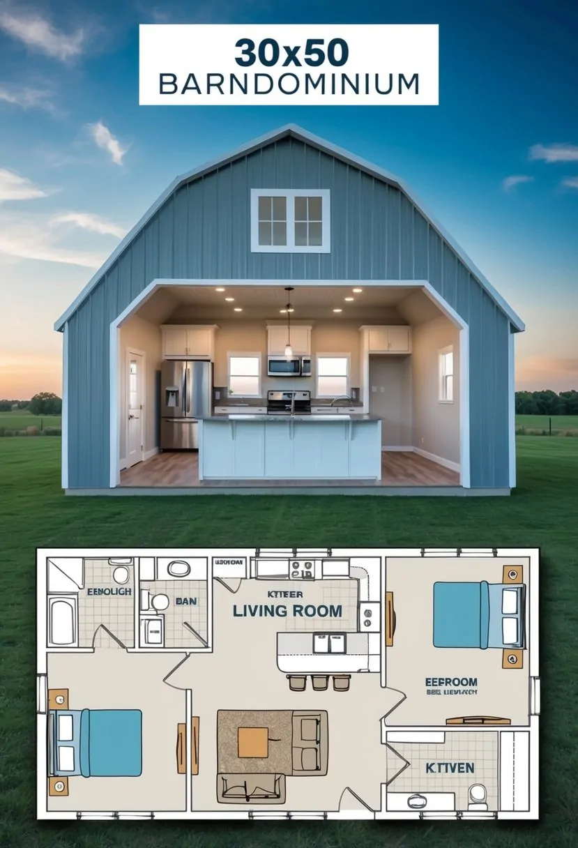 A spacious 30x50 barndominium floor plan, featuring a kitchen, living room, bedroom, and bathroom with modern architectural designs