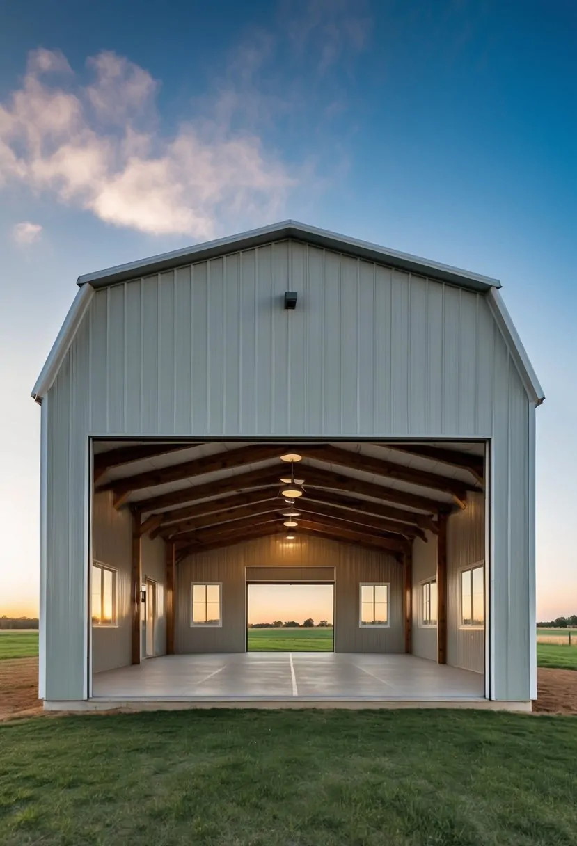 A 30x50 barndominium with a spacious open floor plan, large windows, and a modern architectural design