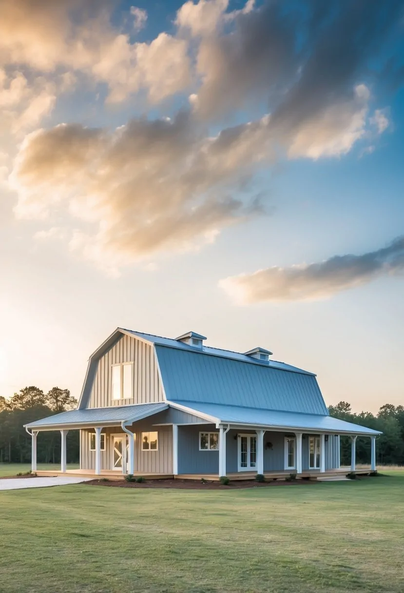 A spacious 30x50 barndominium with a modern architectural design, featuring large windows, a wrap-around porch, and a metal roof