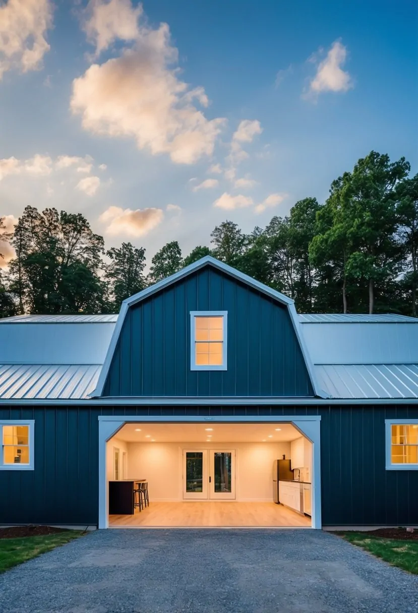 A 30x50 barndominium with modern architectural designs, featuring a spacious open floor plan and large windows for natural light