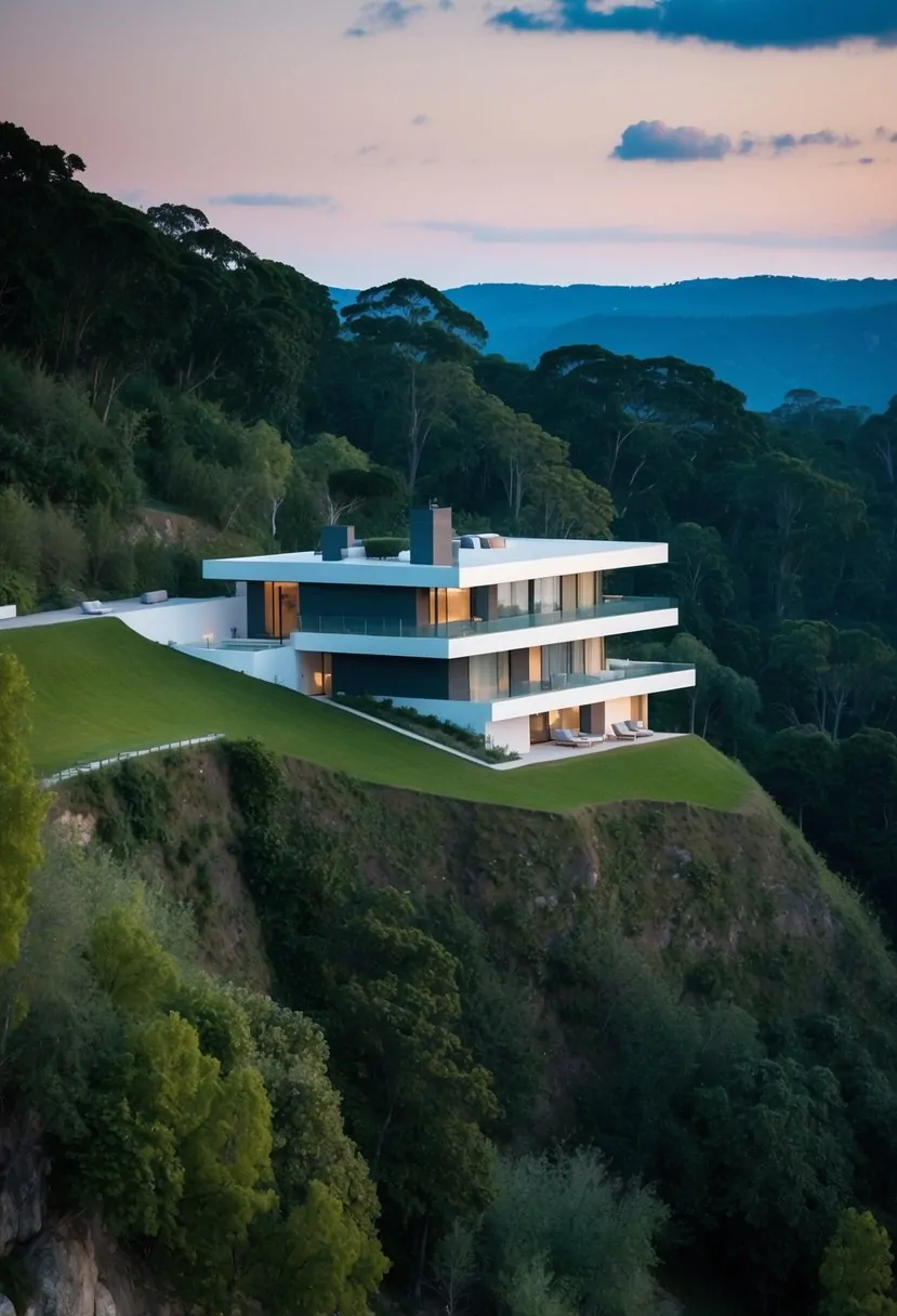 A sleek, 15+ modern house perched on a steep slope, surrounded by lush greenery and offering stunning panoramic views