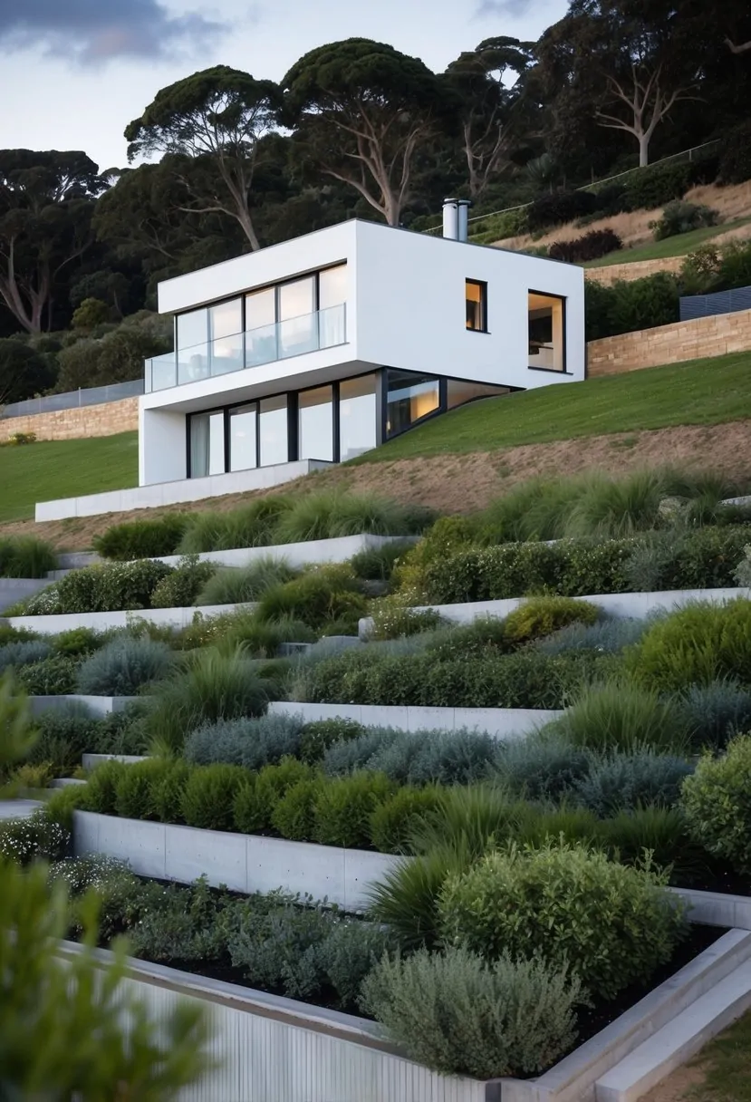 A modern house perched on a sloping hill, with terraced garden levels cascading down the landscape